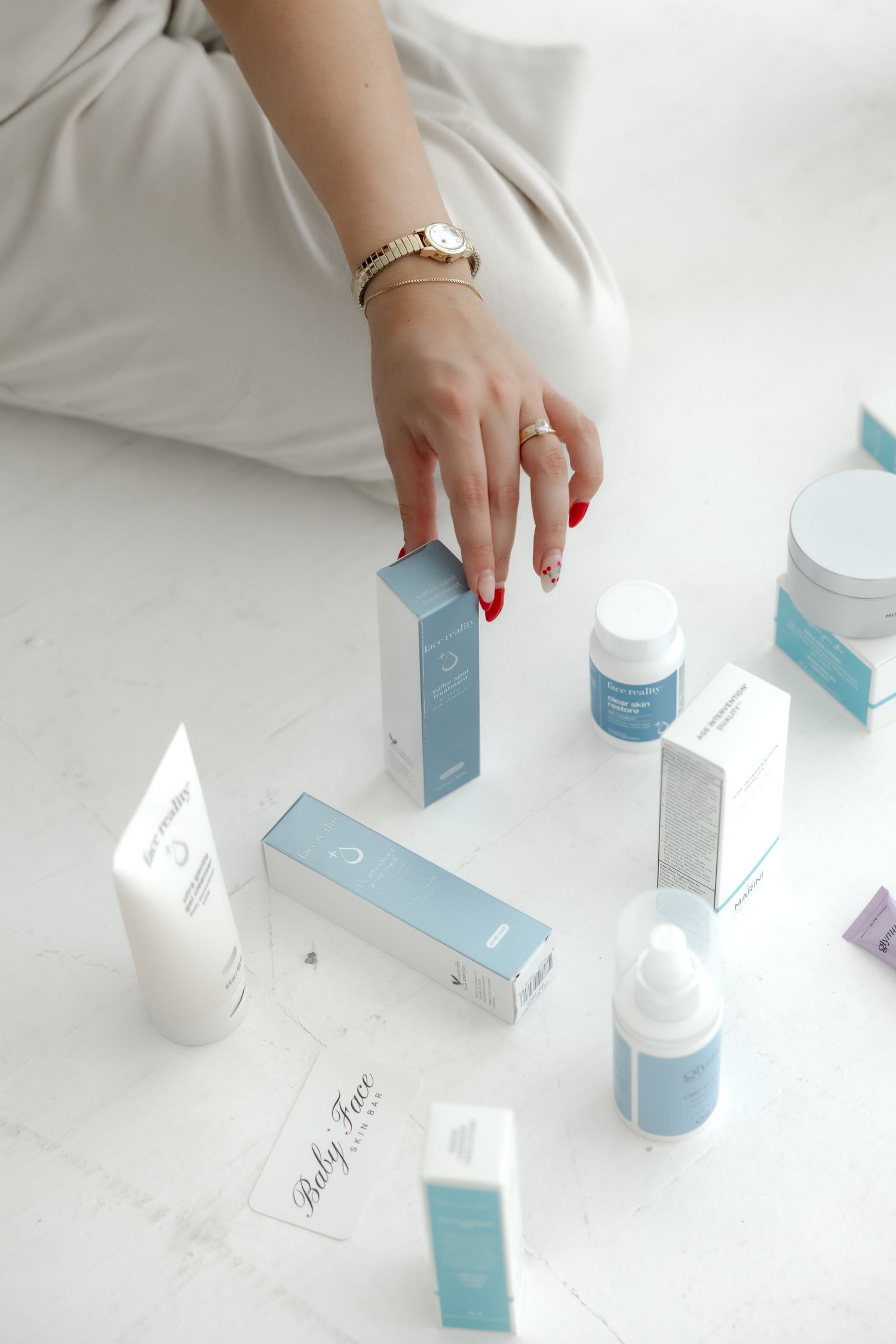 Collection of Baby Face Skin Bar's favorite skincare products displayed on a clean surface, featuring bestsellers for glowing and healthy skin.